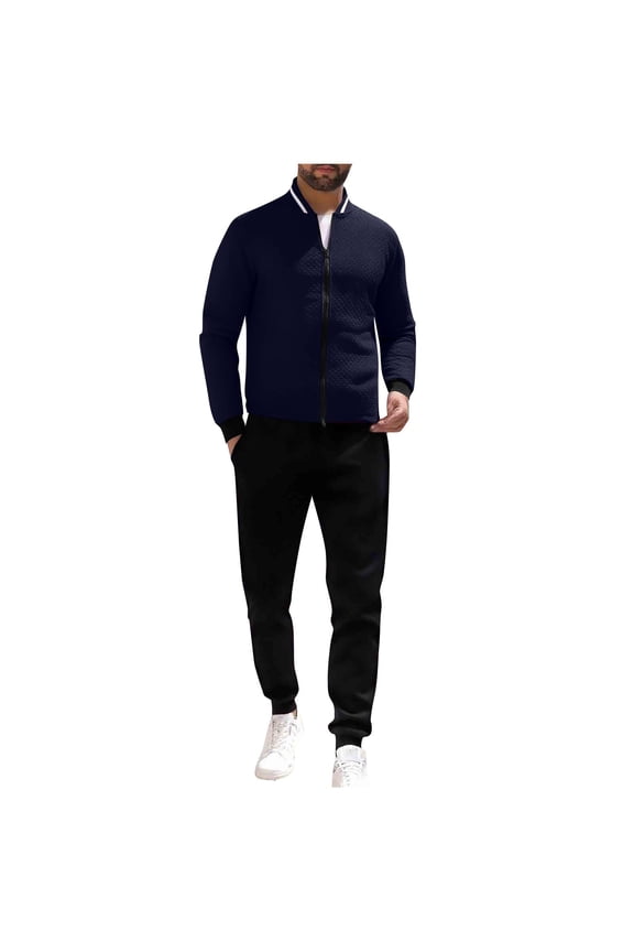 Sweatsuits for Men 2 Piece Hoodless Tracksuit Sets Full Zip Jacket Sweatpants Dressy Casual Jogging Suits Sportswear (XL, Navy)