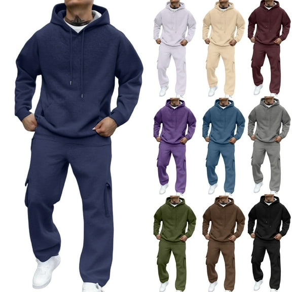 Sweatsuits for Men 2-Piece Tracksuits Jogging Drawstring Loose-Fit Hoodies Winter Long Sleeve Sports Round Neck Pullover Athletic Sweatpants Suit Set