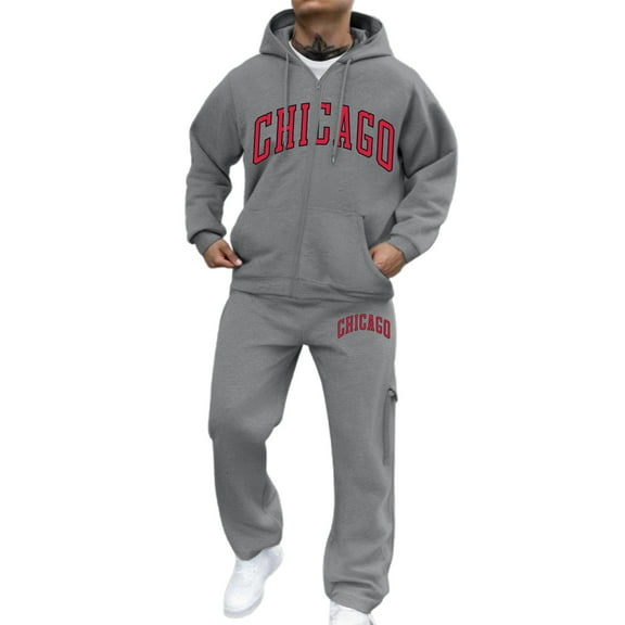 Sweatsuits for Men 2 Piece Zip Up Tracksuits Chicago Graphic Jogging Suits Long Sleeve Hoodies and Sweatpants Set Fall Outfits