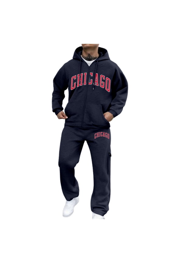 Sweatsuits for Men 2 Piece Zip Up Tracksuits Chicago Graphic Jogging Suits Long Sleeve Hoodies and Sweatpants Set Fall Outfits