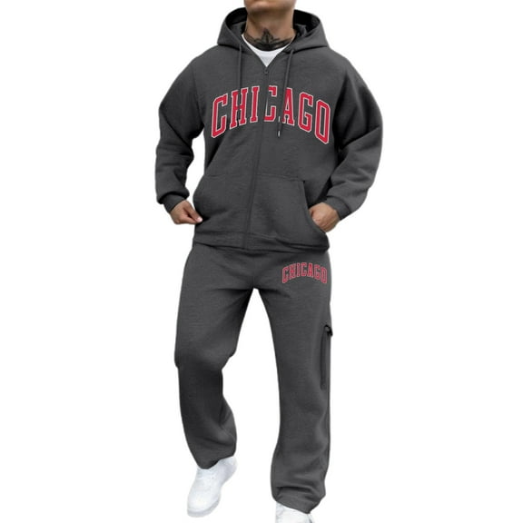 Sweatsuits for Men 2 Piece Zip Up Tracksuits Chicago Graphic Jogging Suits Long Sleeve Hoodies and Sweatpants Set Fall Outfits