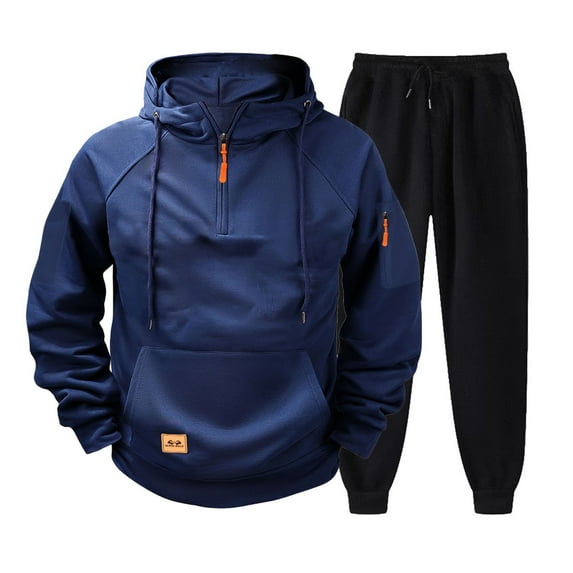 Sweatsuits for Men Hooded Fleece Lined Sweatshirt Soft Long Sweatpants Warm Winter Tracksuit for Jogging Running Navy S