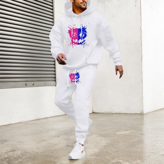 Sweatsuits for Men Set 2 Piece 67 Print Relaxed Fit Hoodie Sweatshirt and Joggers Sweatpants Sets Casual Sport Suit with Pocket White XL