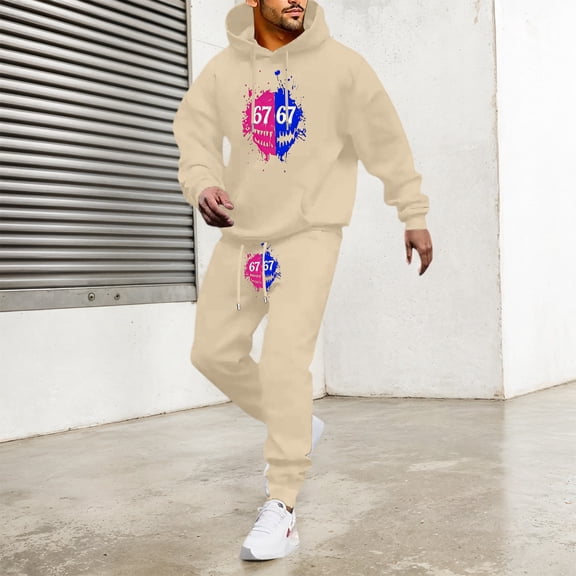 Sweatsuits for Men Set 2 Piece 67 Print Relaxed Fit Hoodie Sweatshirt and Joggers Sweatpants Sets Casual Sport Suits Clothes Outfits Beige XL