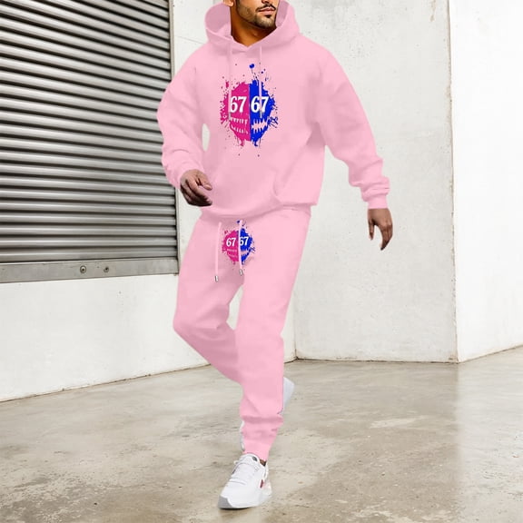 Sweatsuits for Men Set 2 Piece 67 Print Relaxed Fit Hoodie Sweatshirt and Joggers Sweatpants Sets Casual Sport Suits Clothes Outfits Pink XL