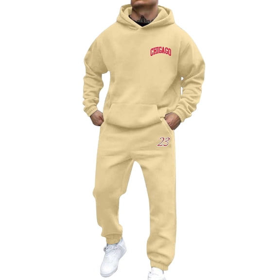 Sweatsuits for Men Set 2 Piece Letter Graphic Hoodie Sweatshirt and Joggers Sweatpants Sets Casual Streetwear Pullover Suit with Pocket Khaki XXXL