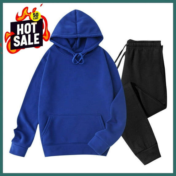 Sweatsuits for Men Set 2 Piece,Men Velvet Solid-Color Casual Loose Pocket Drawstring Long Pants Sweatshirt Long Sleeve Hooded Set,Blue L