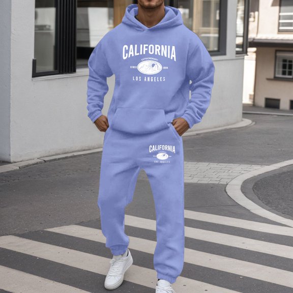 Sweatsuits for Men Set 2 Piece letter print Relaxed Fit Hoodie Sweatshirt and Joggers Sweatpants Sets Casual Pullover Suit with Pocket Blue L