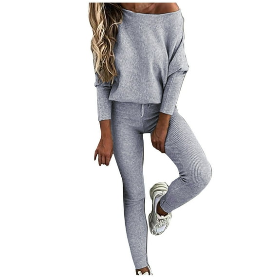 Sweatsuits for Women 2-Piece Cotton Workout Outfits Solid Long Sleeve Pullover Tops Leggings Joggers Lounge Wear Set