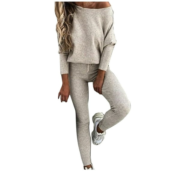 Sweatsuits for Women 2-Piece Cotton Workout Outfits Solid Long Sleeve Pullover Tops Leggings Joggers Lounge Wear Set