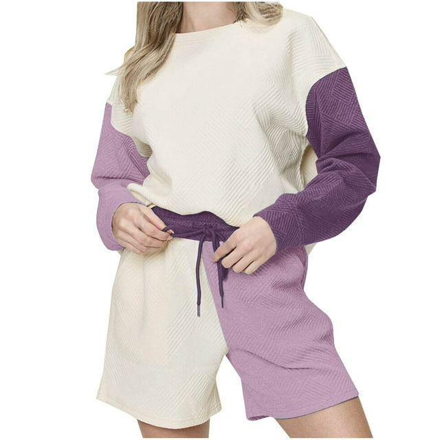 Sweatsuits for Women 2 Piece Fall Outfits Color Block Textured Crewneck Sweatshirt and Drawstring Shorts Sets (M, Purple)