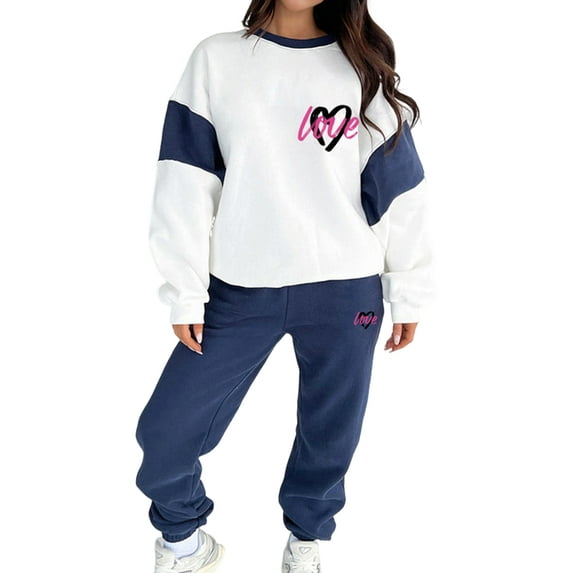 Sweatsuits for Women 2 Piece Heart Print Color Block Sweatshirt Fashion Casual Crewneck Lounge Sets XL
