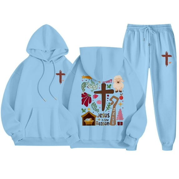 Sweatsuits for Women 2 Piece Jesus Letter Print Christian Long Sleeve Hooded Sweatshirt and Sweatpants Fall Fashion Clothing Casual Track Suits