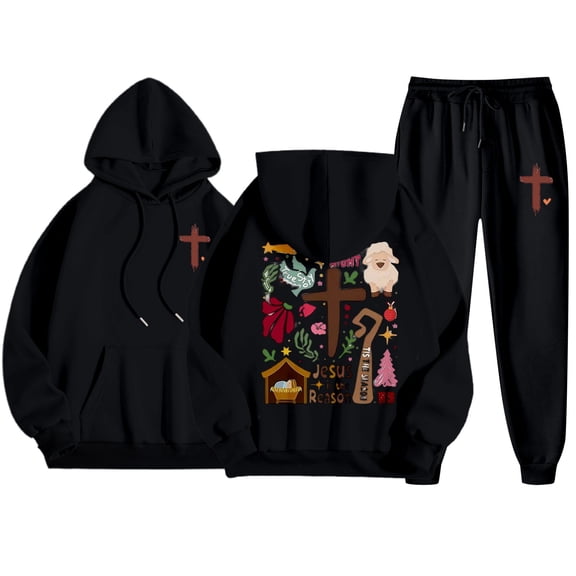 Sweatsuits for Women 2 Piece Jesus Letter Print Christian Long Sleeve Hooded Sweatshirt and Sweatpants Fall Fashion Clothing Casual Track Suits