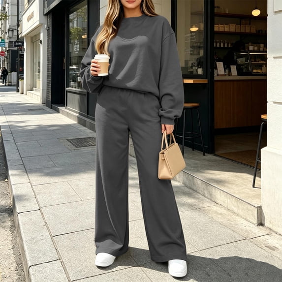 Sweatsuits for Women 2 Piece Outfit Sweat Set Crew Neck Sweatshirt Wide Leg Pant Tracksuit Casual Lounge Travel Outfits Dark Gray S