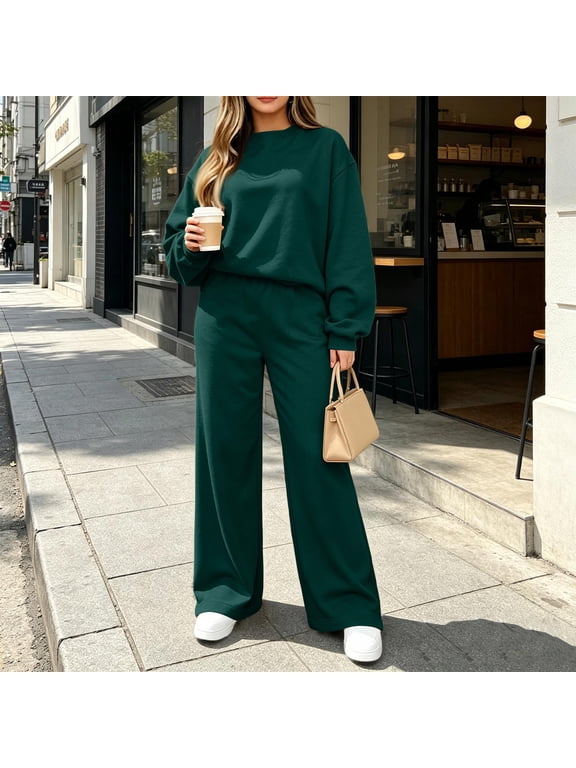 Sweatsuits for Women 2 Piece Outfit Sweat Set Crew Neck Sweatshirt Wide Leg Pant Tracksuit Casual Lounge Travel Outfits Dark Green 3XL