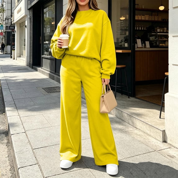 Sweatsuits for Women 2 Piece Outfit Sweat Set Crew Neck Sweatshirt Wide Leg Pant Tracksuit Casual Lounge Travel Outfits Yellow L