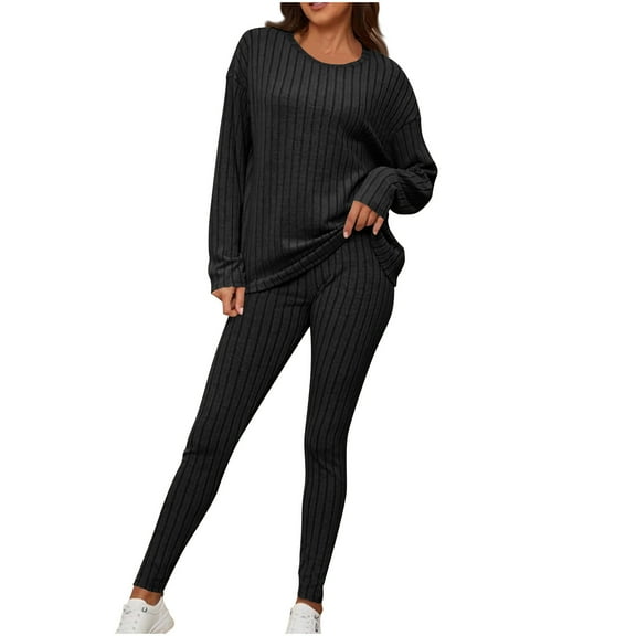 Sweatsuits for Women 2 Piece Outfits Fashion Solid Color Knitted Round Neck Long Sleeve Casual Long Pants Outfit Set