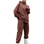 HXSHGDSN Sweatsuits for Women 2 Piece Outfits Long Sleeve Hoodie Oversized Sweatshirt Jogger Pants Casual Solid Tracksuit Sets,Brown,M