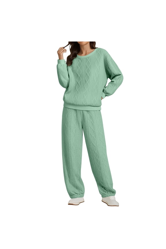 Sweatsuits for Women 2 Piece Outfits Oversized Sweater Vintage Cable Knit Long Sleeve Heavy Crewneck Pullover Pants Set