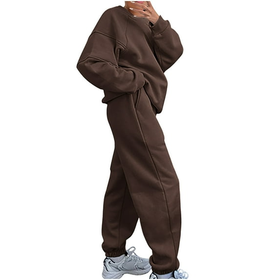 Sweatsuits for Women 2 Piece Outfits Pullover Long Sleeve Hoodie Oversized Sweatshirt Jogger Pants Casual Solid Tracksuit Sets,Brown 1,2XL
