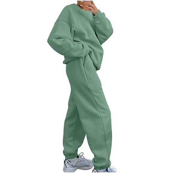 Sweatsuits for Women 2 Piece Outfits Pullover Long Sleeve Hoodie Oversized Sweatshirt Jogger Pants Casual Solid Tracksuit Sets,Green,2XL