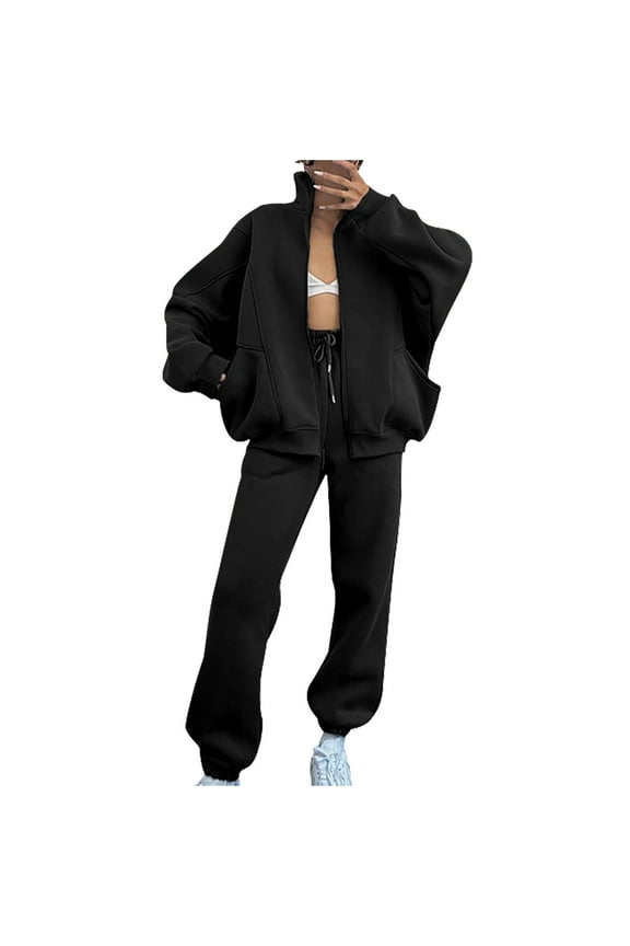 Sweatsuits for Women 2 Piece Outfits Zip Up Pullover Long Sleeve Hoodie Sweatshirt Jogger Pants Casual Solid Tracksuit Sets,Black 1,S