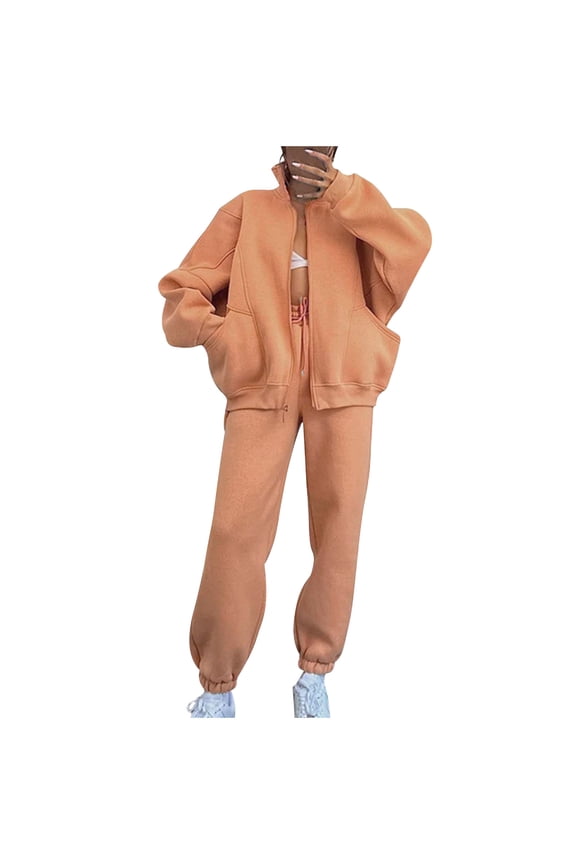 Sweatsuits for Women 2 Piece Outfits Zip Up Pullover Long Sleeve Hoodie Sweatshirt Jogger Pants Casual Solid Tracksuit Sets,Orange,XL