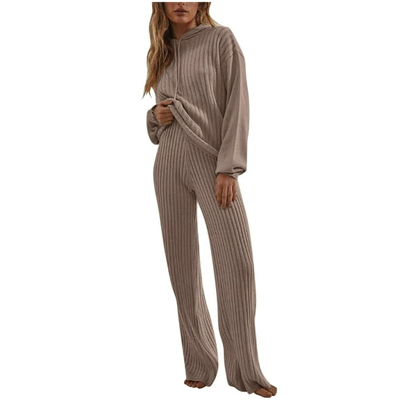 Sweatsuits for Women 2 Piece Set Ribbed Knit Outfits Long Sleeve Hoodie Sweatshirt Pullover Long Pants Tracksuit Lounge Sets