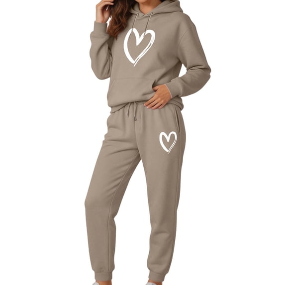 Sweatsuits for Women Long Sleeve Hoodie Jogger Pants Heart Print Fall Winter Daily Cute Sports Matching Clothing Brown M