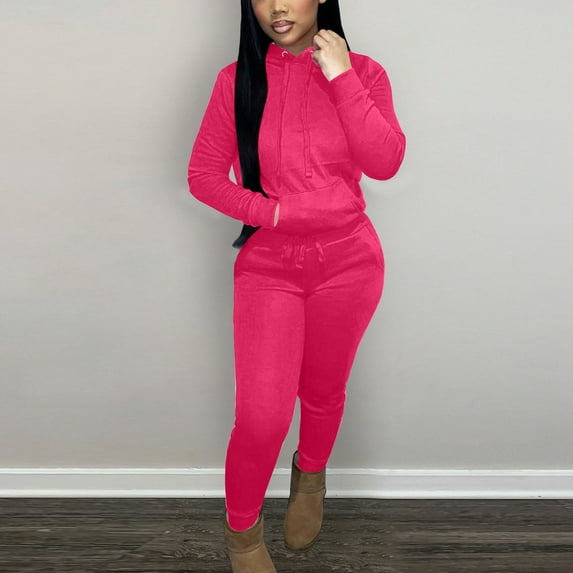 Sweatsuits for Women Set 2 Piece Women's Solid Color Sports Casual Comfortable Fashion Plus Velvet Drawstring Hooded Two-piece Set,Hot Pink 3XL