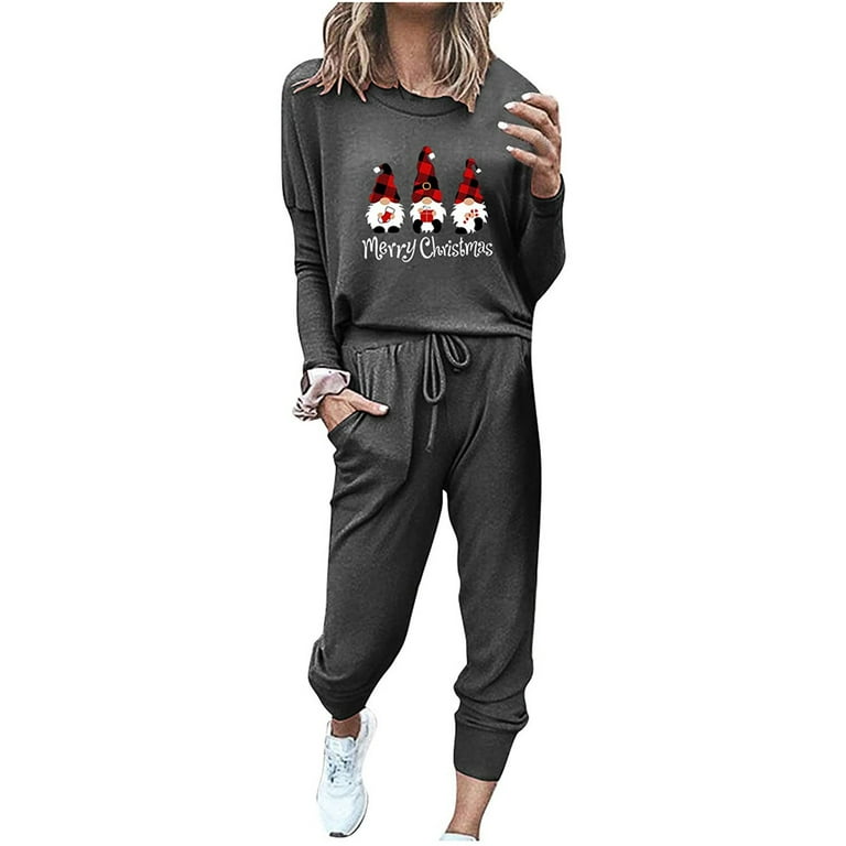 Sweatsuits for Women Set Christmas Pajamas Gnome Plaid Print Sweatshirt Tops and Sweatpants Two Piece Outfits Tracksuit Walmart