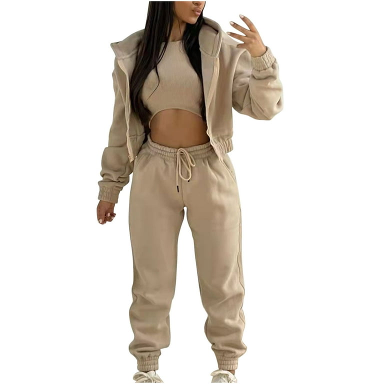 Sweatsuits for Womens 3 Piece Sports Outfits Fleece Hoodie Crop Jacket Tank  Vest and Tie Jogger Sweatpant Pants Set (Medium, Khaki)