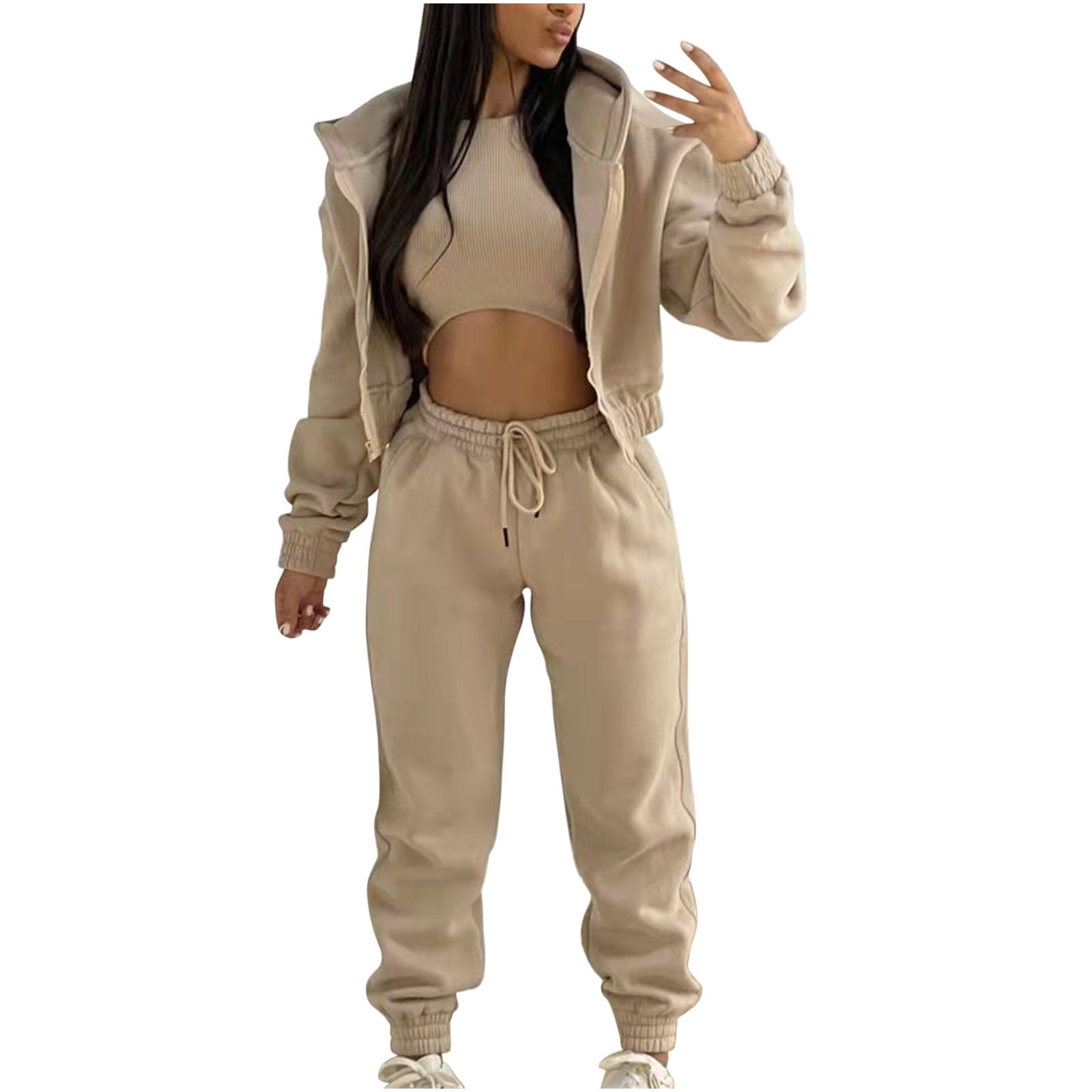 Sweatsuits for Womens 3 Piece Sports Outfits Fleece Hoodie Crop Jacket Tank Vest and Tie Jogger Sweatpant Pants Set (Small, Khaki)
