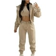 thumbnail image 1 of Sweatsuits for Womens 3 Piece Sports Outfits Fleece Hoodie Crop Jacket Tank Vest and Tie Jogger Sweatpant Pants Set (Small, Khaki), 1 of 6