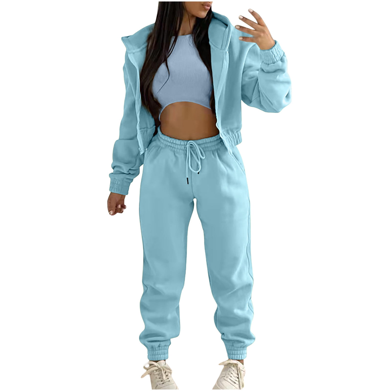 Sweatsuits for Womens 3 Piece Sports Outfits Fleece Hoodie Crop Jacket Tank  Vest and Tie Jogger Sweatpant Pants Set (Small, Light Blue) 