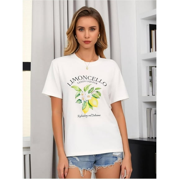 SweatyRocks Women's Lemon Shirts Letter Fruit Printed Graphic Tees Short Sleeve Casual T-Shirt Tee Top