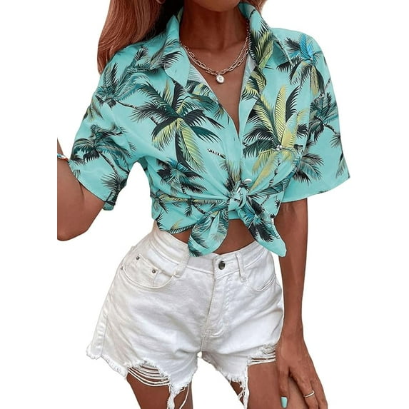 SweatyRocks Women's Short Sleeve Cute Print Button Down Shirt Tops