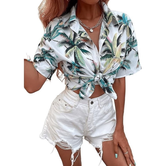 SweatyRocks Women's Short Sleeve Cute Print Button Down Shirt Tops