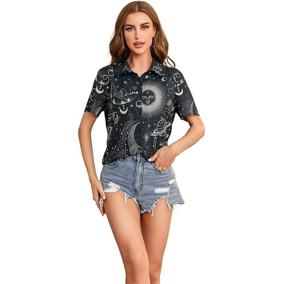 SweatyRocks Women's Short Sleeve Cute Print Button Down Shirt Tops