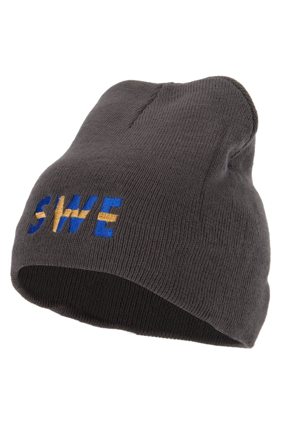 Sweden Country Three-Letter SWE Flag Embroidered 8 Inch Knitted Short Beanie - Dk Grey OSFM