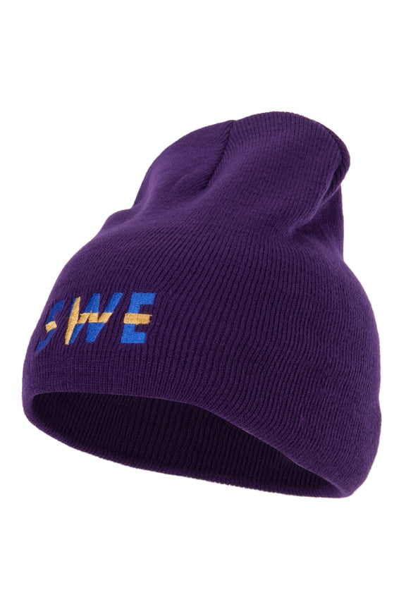Sweden Country Three-Letter SWE Flag Embroidered 8 Inch Knitted Short Beanie - Purple OSFM