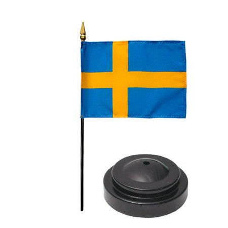 Sweden Desk Flag with Base; American Made Rayon 4x6 inch Miniature Table Set Includes One Small Mini Country Stick Flags and One Black Stand (Sweden Desk Flag and Base)
