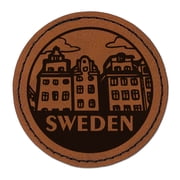 Sweden Gamla Stan Country Destination Travel Landmark Round Iron-On Engraved Faux Leather Patch Applique - 2.5 Inch - Brown