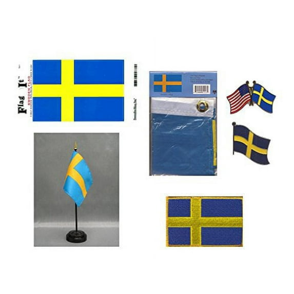 Sweden Heritage Flag Pack - Includes a Swedish 3x5' Flag, Vinyl Flag Decal, One Single & One Double Friendship Flag Lapel Pin, Miniature Desk Flag with Stand & One Iron-On Flag Patch