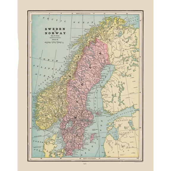 Historic Map - Sweden Norway - Cram 1892 - Vintage Wall Art