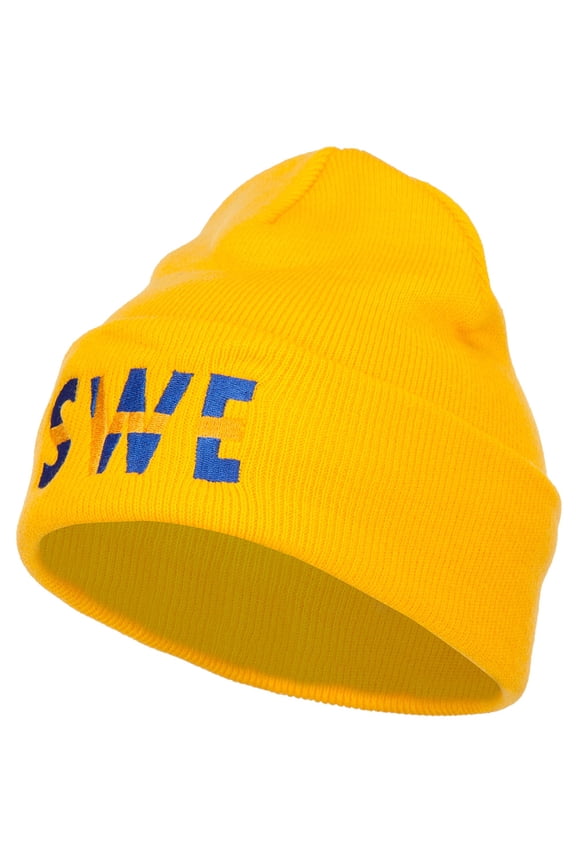 Sweden SWE Flag Embroidered Long Beanie - Yellow OSFM