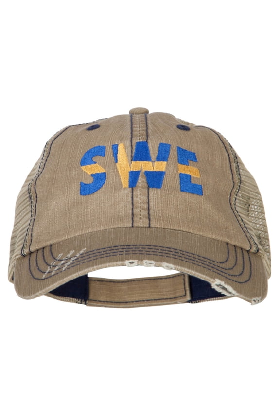 Sweden SWE Flag Embroidered Low Profile Cotton Mesh Cap - Khaki OSFM