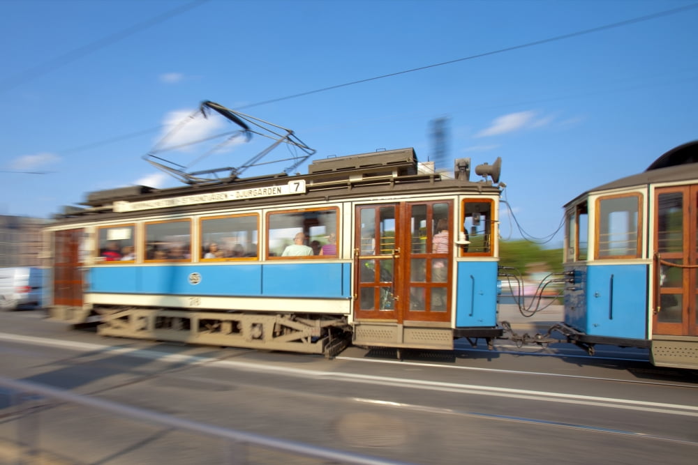 Sweden Stockholm - Classical old tram at Djurgardsbron Canvas Art - Panoramic Images (36 x 12)