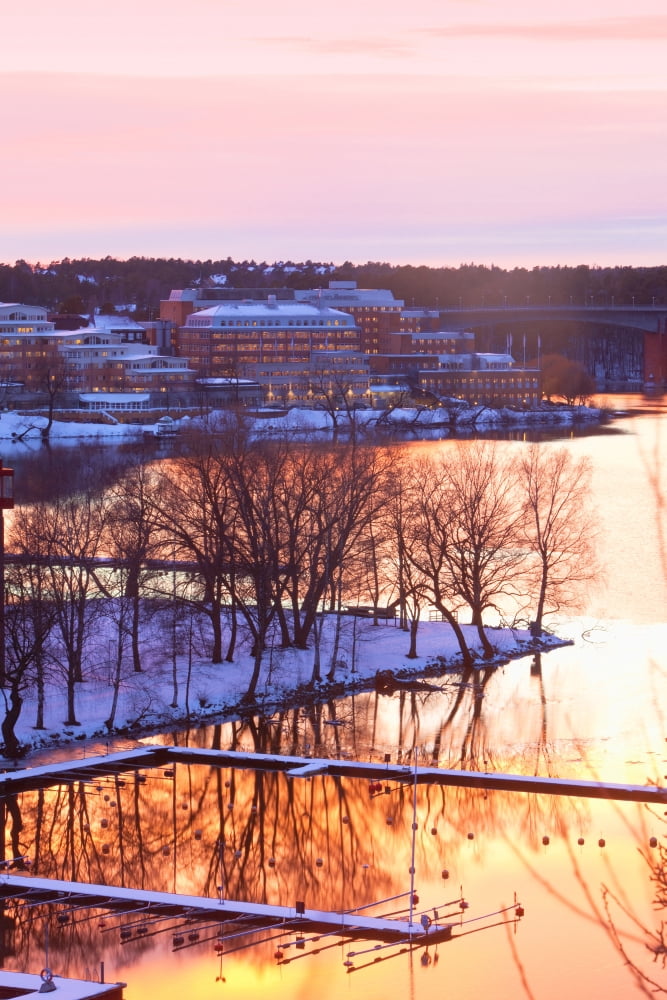 Sweden Stockholm - Empty Harbour in Winter at Dusk Canvas Art - Panoramic Images (27 x 9)